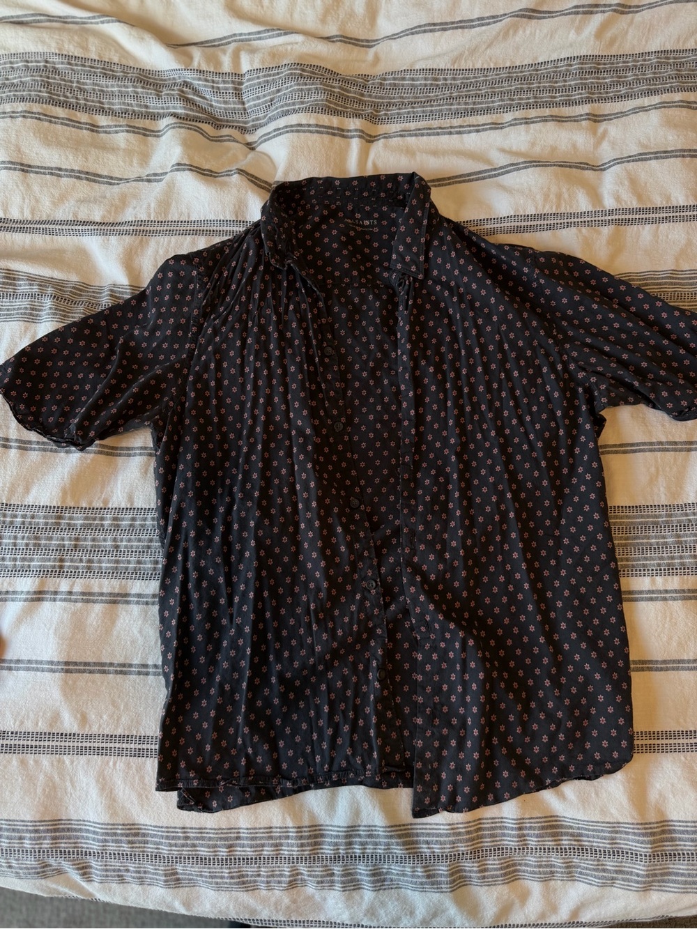 All Saints Black Short-Sleeve Button-Down with Small Red Dot Print